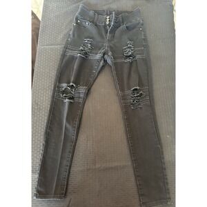 Ling Distressed Skinny Jeans Women's Juniors 7/8 Dark Wash Black Stretch MidRise